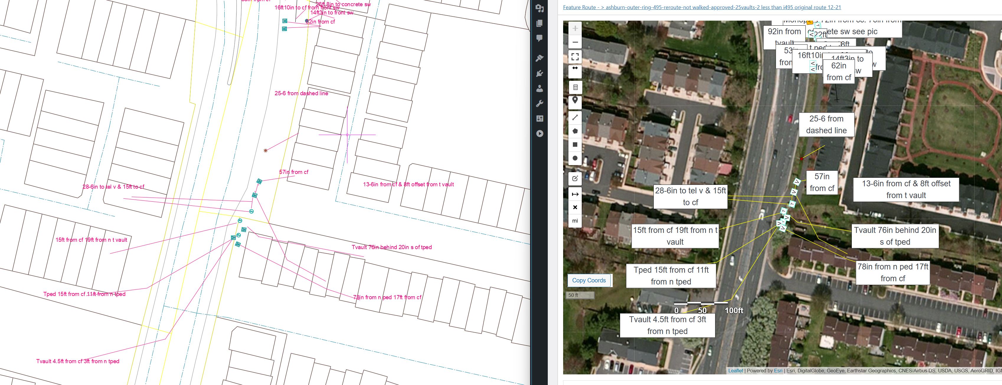 CAD drawing and FRM satellite capture with measurements side by side